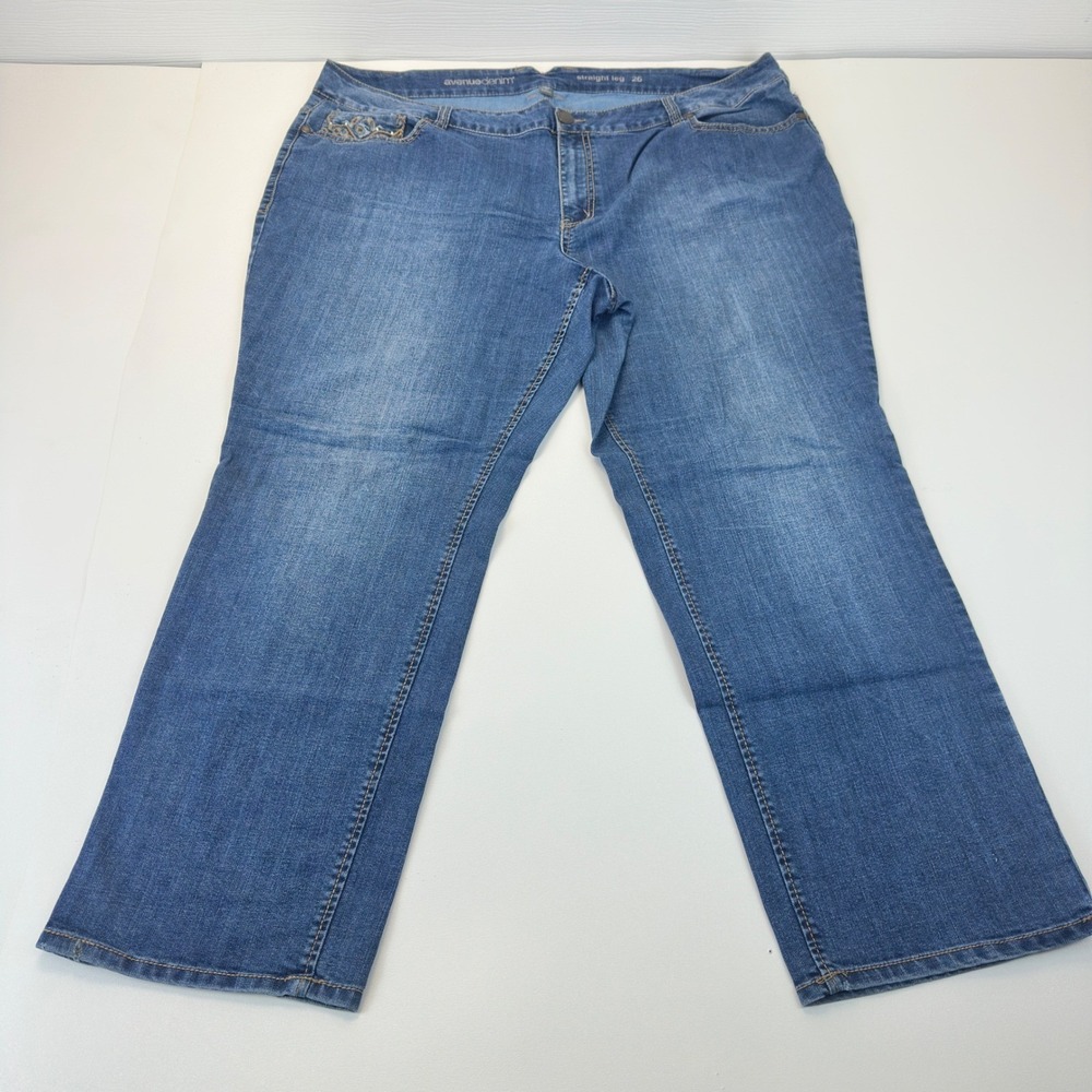 Plus Size 26 Avenue Denim Straight Leg Jeans Medium Wash Blue Embroidered Detail